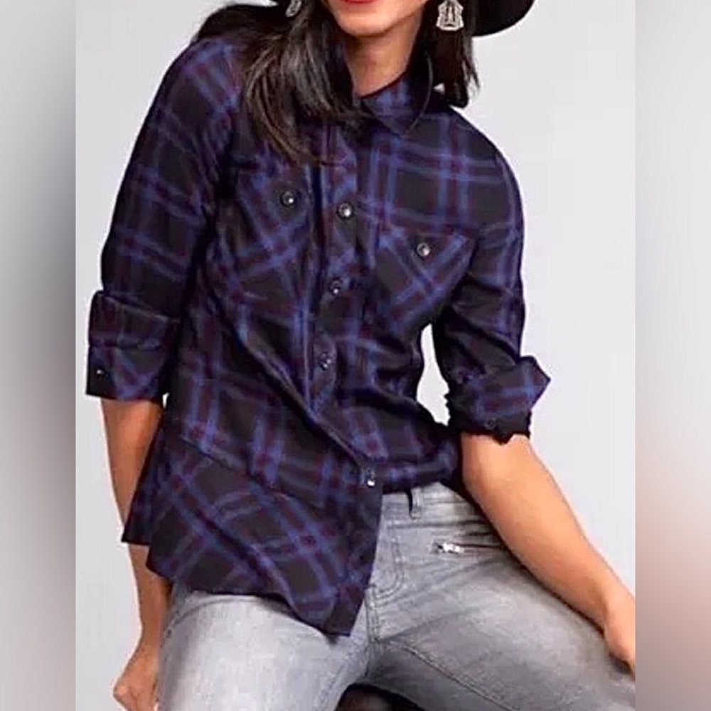 CAbi Stone Plaid Peplum Button Down Shirt Blue Black Red Size XS